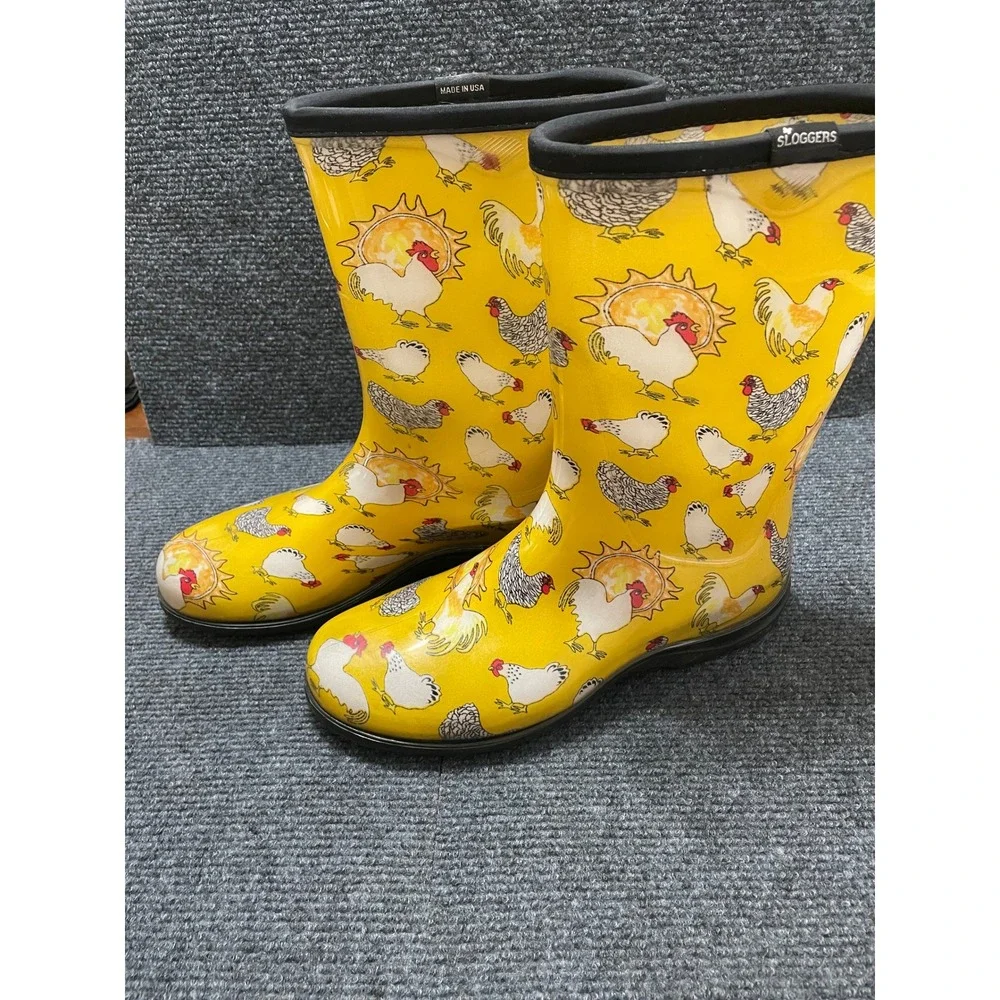 Sloggers Womens 10 Yellow Chicken Print Rain Boots Waterproof Garden Made in USA